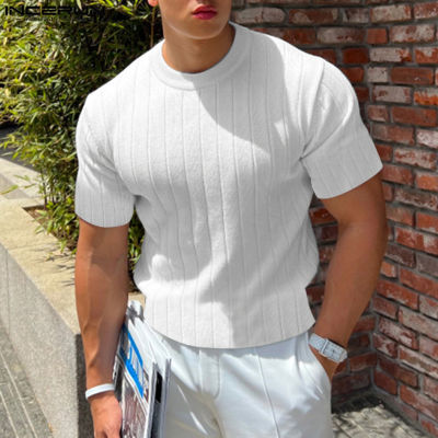เสื้อยืดถักเสื้อยืดคอกลมผู้ชายแขนสั้น INCERUN เสื้อลำลองแนวสปอร์ตเสื้อคลุมท่อนบนกล้ามเนื้อ (สไตล์เกาหลี)