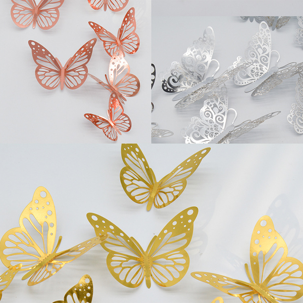 Set 14pcs DIY Butterfly Mirror Sticker Beautiful 3D Butterfly Mirror Wall decal&Murals DIY Home Decoration Gold