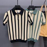 polo mens summer knitted trendy personality zipper ice silk short-sleeved retro striped color-blocked lapel T-shirt for men