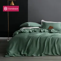 Sondeson Luxury 100% Silk Green Bedding Set 25 Momme Silk Healthy Skin Duvet Cover Set Flat Sheet Pillowcase Queen King Bed Set