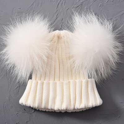 Winter Real Fur Ball Beanie Hat for Women Ladies Fluffy Double Natural Raccoon Fur Pom Pom Skullies Beanie Hat With 2 Fur Pompom