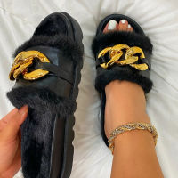 Summer Plush Fur Slippers Fashion Open Toe Fuffly Slides Womens Sandals Metal Chain Outdoor Slippers Sandals Casual Women Shoes