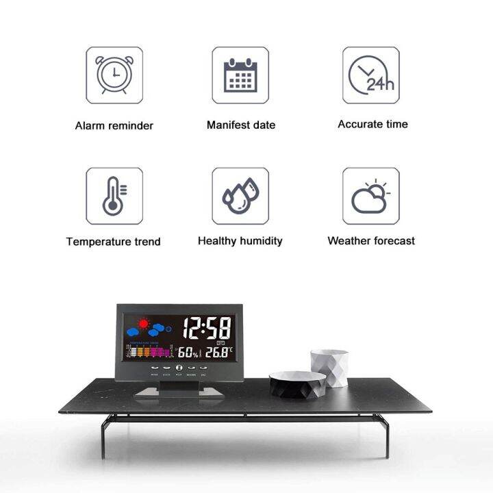 หน้าจอสี-lcd-นาฬิกาปลุกจอแสดงผลดิจิตอลอัจฉริยะสถานีสภาพอากาศเครื่องวัดความชื้นเครื่องวัดอุณหภูมิเตือนปฏิทินนาฬิกา