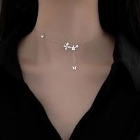 CIAXY Silver Color AAA Zircon Flower Necklaces for Women Elegant Butterfly Tassel Pendant Clavicle Chain Choker Luxury Jewelry