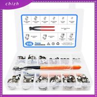 CHIZH 115Pcs 304สแตนเลสสตีล หูเดี่ยวหู 6-28.6มม. เงินสีเงิน แคลมป์รัดท่อ พร้อมที่หนีบหู ขนาด10นิ้ว ชุดจัดประเภทแคลมป์รัดท่อ ท่อน้ำในรถยนต์