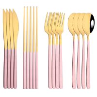 4Set Pink Gold Portable Travel Luxury Dinnerware Cutlery Set Chopsticks Fork Spoon 304 Stainless Steel Korean Tableware Set Flatware Sets