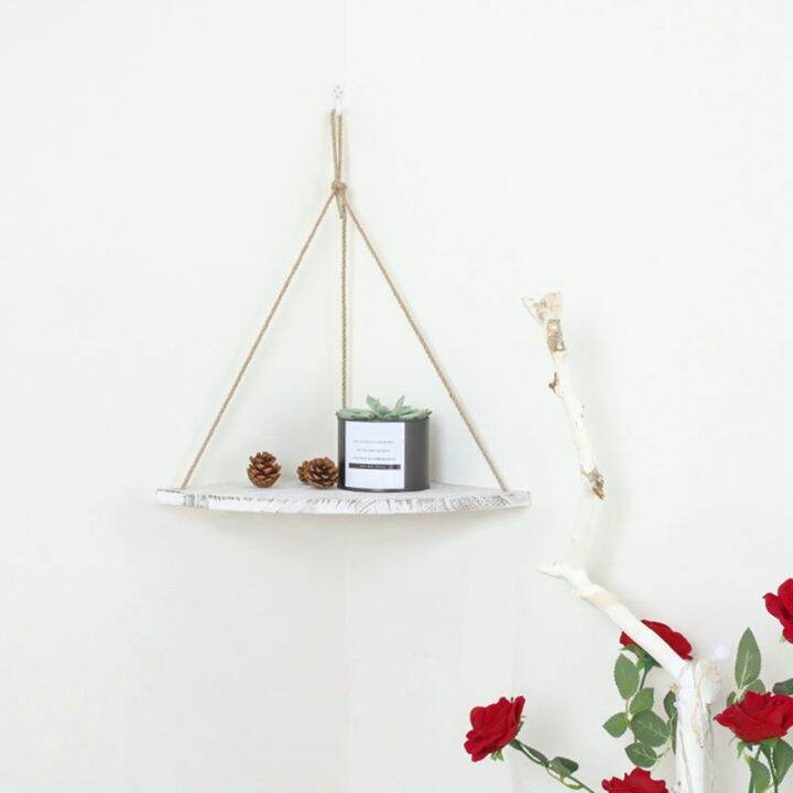 Retro Rope Wood Hanging Rack Corner Wall Shelf House Storage Organizer