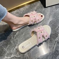 Luxury Fluffy Fur Slippers Women Summer Shoes 2023 Fashion Beach Flat Non Slip Sandals Flip Flops Designer Pearl Metal Slides