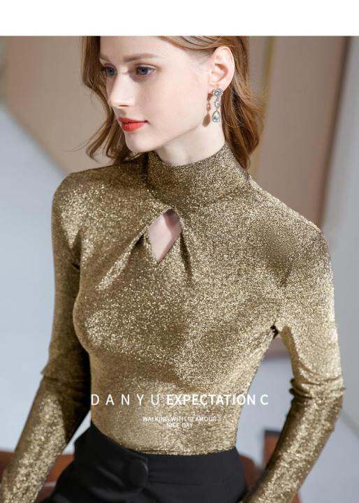 เสื้อแขนยาวครึ่งคอสำหรับผู้หญิง-เสื้อเชิ้ตแบบปิดก้น