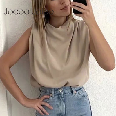 Women Elegant Stand Collar Loose Blouse Summer Sleeveless Solid Shirt Vintage Tops Female Chic Ruched Tunic OL Clothing 2021