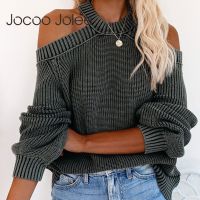 Jocoo Jolee Women Autumn Sexy Off the Shoulder Backless Loose Sweater Casual Vintage Oversized Knitted Pullovers Solid Jumpers