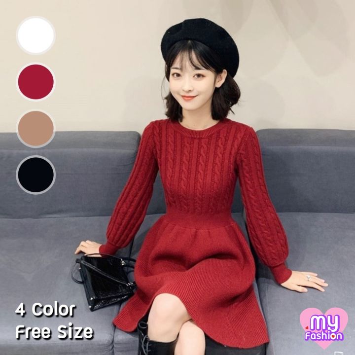 myf-มาใหม่-ชุดเดรสแขนยาวไหมพรมสไตล์เกาหลี-ทรงเอวจั๊ม-ใส่กันหนาวได้-ชุดสีแดง