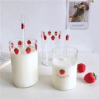 【CW】✷❆  Glass Cup with Straws Strawberry Pattern Cups Resistant Glasses Transparent Mug Juice Beer Mocha