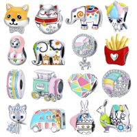 BISAER 925 Sterling Silver Enamel Charms Animal Food Castle Charms Easter Egg Beads For Bracelet Necklaces DIY Jewelry ECC1606