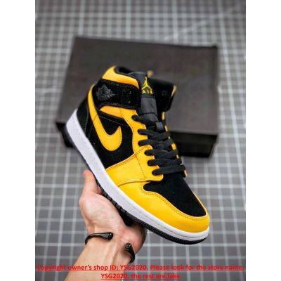 [HOT] ✅Original NK* Ar J0dn 1 Mid Reverse- New Love Black Yellow Basketball Shoes Skateboard Shoes{Free Shipping}