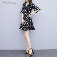 HuaX เสื้อผ้ากุลสตรี Polka Dot พิมพ์ Lady Retro V-Neck กลางเอวชีฟองชุด Ruffled