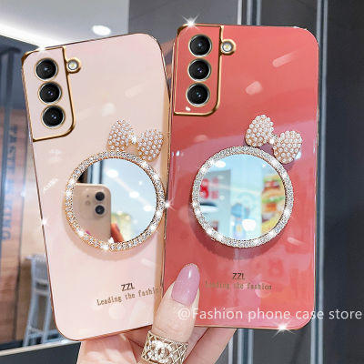 เคสนิ่มชุบสำหรับ Samsung Galaxy S21 FE 5G S21 + Plus Ultra 5G Phone Case พร้อมพลอยเทียมกระจกโบว์ป้องกันฝาหลัง2022