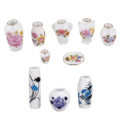 3Pcs Dollhouse Miniature Plastic Flower Vase---Blue Painted Floral &amp; 7Pcs Dollhosue Miniature Modern Ceramic China Porcelain Rose Vase