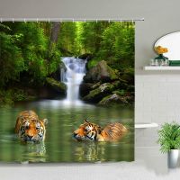 Spring Waterfall Scenery African Tiger in Water Swimming Shower Curtain Wild Animal Print Bathroom Home Decor Boys Gift Curtains