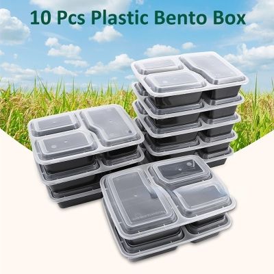 10 Pcs Plastic Reusable Bento Box Meal Storage Food Prep Lunch Box 3 Compartment Reusable Microwavable Containers Home Lunchbox
