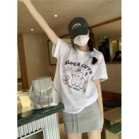 Spot parcel post Pure Cotton Bag Collar Cartoon Cat Letter Print Short-Sleeve T T-shirt Womens Summer Korean Casual Loose Half-Sleeve Top