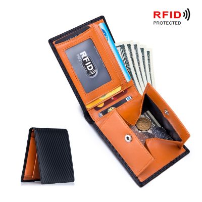 （Layor wallet） กระเป๋าสตางค์ของผู้ชาย,กระเป๋าสตางค์ Rfid บางพิเศษเคสกระเป๋าใส่เหรียญบัตรหนังคาร์บอนไฟเบอร์กระเป๋าสตางค์ใบสั้นสีน้ำเงินสีดำ
