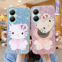 2023เคสโทรศัพท์ใหม่สำหรับ VIVOV29 VIVOY27 VIVO V29 V27 V27e Y27 Y36 Y78 Y02T Y02A แวววาวแวววาวแวววาว4G 5G เคสพร้อม KT ฝาครอบเนื้อนิ่ม TPU ที่จับขาตั้งกระจกแมวสีชมพู