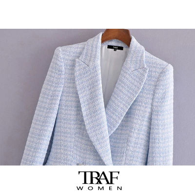 TRAF Za Women Fashion Double Breasted Tweed Check Blazer Coat Vintage Long Sleeve Pockets Female Outerwear Chic Veste