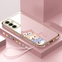 เคสปลอกสำหรับ Samsung M14 5กรัม M14 5กรัม (ฟรีสายคล้อง) ลายสุนัขการ์ตูนน่ารักขอบสี่เหลี่ยมเคสโทรศัพท์ชุบหรูหราชุบเคสโทรศัพท์นิ่ม