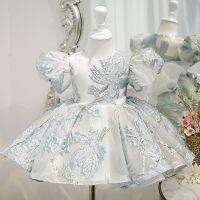 เดรสเด็กออกงาน 3D ลายสีฟ้าเสริมทอง พิมพ์นูน Gianna Dress