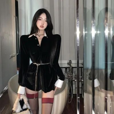 COCONI ฝรั่งเศสวินเทจเสื้อกำมะหยี่ผู้หญิงใหม่เกาหลีสบายๆหลวมเซ็กซี่โซ่เสื้อเอว Baju Perempuan