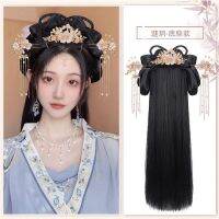 ผ้าโพกศีรษะ Hanfu วิกผมชุดโบราณที่คาดผมแบบชิ้นเดียวสำหรับคนขี้เกียจเครื่องประดับผมครบชุดสไตล์โบราณขนมปังแผ่นรองผมกระเป๋า