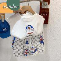 WANDER ชุดเด็กผู้ชาย เสื้อผ้าเด็กผช ออกแบบลายการ์ตูนน่ารัก เซ็ต2ชิ้นเสื้อกล้ามผ้าฝ้ายระบายอากาศสไตล์เกาหลีสําหรับเด็กผู้ชาย23730