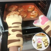 Non-slip Kitchen Gloves Cartoon Cat Paws Oven Mitts Long Cotton Heat Insulation Gloves Microwave Heat Resistant Baking Supplies