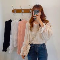 ✨ เสื้อแขนยาว อัดกลีบพลีท ผ้าชีฟอง เสื้อทำงาน เบลาส์ เสื้อระบาย Chiffon Pleated Blouse เสื้อสีพื้น