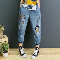 Large  Size Women Blue Jeans Cropped Cute Embroidery Denim Pants