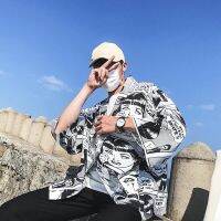 Mens Cartoon Kimono Half Sleeve Baggy Retro Loose Top Beach Shirt