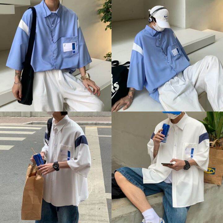 พร้อมส่ง-เสื้อเชิ้ตแขนสั้น-สกรีน-n-บาร์โค้ดที่อก-สไตล์เกาหลี-ss16