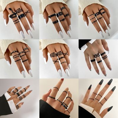 Vintage Gothic Black Rings Set for Women Girls Punk Metallic Geometric Simple Adjustable Finger Rings Set Trend Jewelry Gifts
