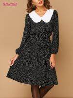 【HOT】☂ S.FLAVOR Pan Collar Dot Print Dresses Sleeve Fitted Vestidos De