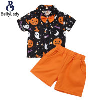 2 Pieces Kids Halloween Shirt Shorts Suit Lapel Short Sleeves Shirt With Bow Tie Elastic Shorts Set【fast】