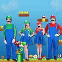 ★ปาร์ตี้บ้า★ชุดฮาโลวีนสำหรับผู้ใหญ่ หญิงชายมาริโอชุดคอสเพลย์ Super Mario Bros และชุดหมวก คาร์นิวัลปาร์ตี้แต่งตัวเครื่อง