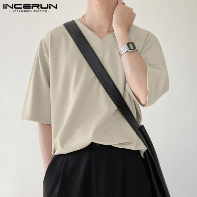 INCERUN เสื้อคอวีสำหรับผู้ชายเสื้อยืดใส่ลำลองชุดชายหาดทางการเสื้อกีฬายิม (สไตล์เกาหลี)