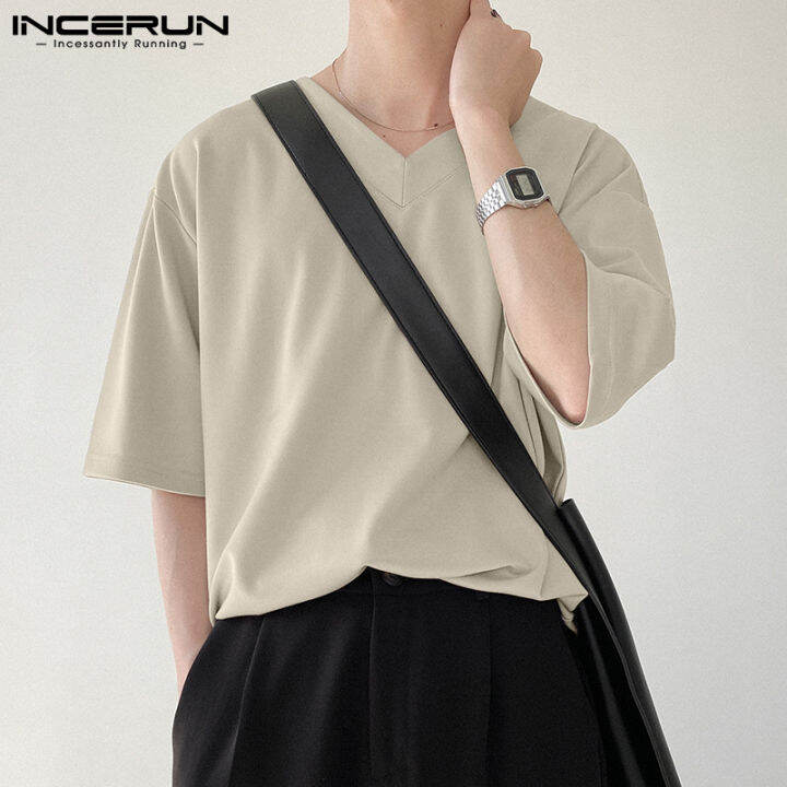 incerun-เสื้อคอวีสำหรับผู้ชายเสื้อยืดใส่ลำลองชุดชายหาดทางการเสื้อกีฬายิม-สไตล์เกาหลี