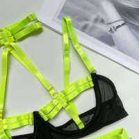 2023 Korean Female Lingerie Porn Sexy Costume Hollow Out Bandage Halter Bra Thongs With Belt Stocking Neon You Can See Underwear