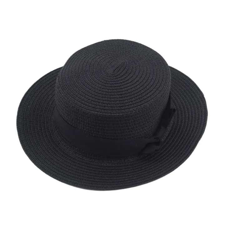 British retro European and American black bow flat top hat straw hat ...