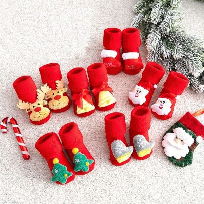 คริสต์มาสถุงเท้าเด็กฤดูหนาวหนาการ์ตูนเด็กพื้นกันลื่นรองเท้าถุงเท้าคริสต์มาส0-2ปีเด็กวัยหัดเดินถุงเท้าชั้นสีแดง