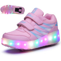 Children One Two Wheels Luminous Glowing Sneakers Gold Pink Led Light Roller Skate Shoes Kids Led Shoes Boys Girls USB Charging