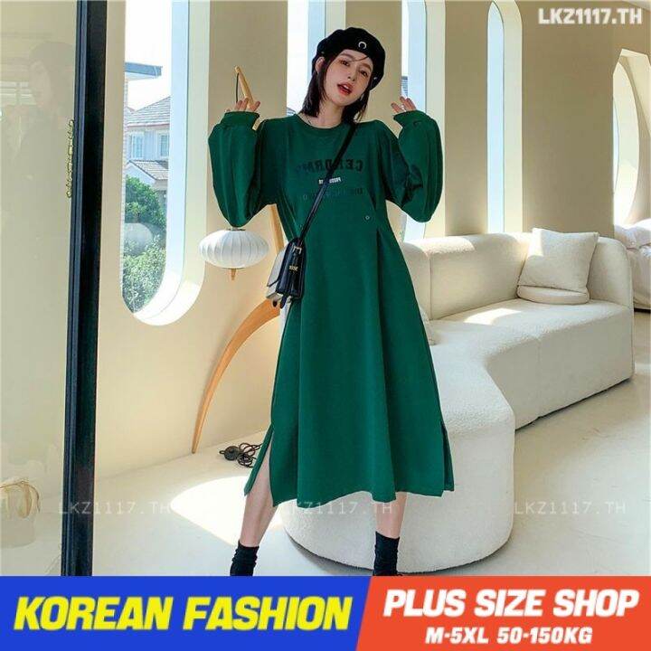 plus-size-เสื้อผ้าสาวอวบ-เดรสสาวอวบอ้วน-ไซส์ใหญ่-ผู้หญิง-ทรงหลวม-แขนยาว-คอกลม-พิมพ์-ฤดูใบไม้ร่วง-สไตล์เกาหลีแฟชั่น