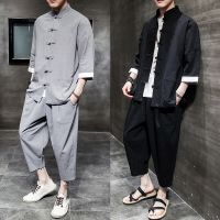 Chinese Traditional Clothes Hanfu Men Modern Fashion Sinicism Style Asian Tang Suit Summer Shirt Kung Fu Coats Jackets Pants Set